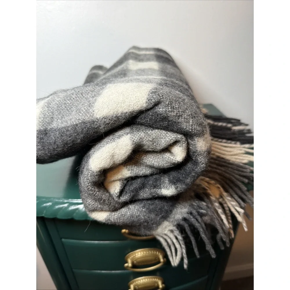 Alpaca Wool Gray And White Plaid Throw Blanket Fringe 62'' x 51'' Farmhouse Cozy